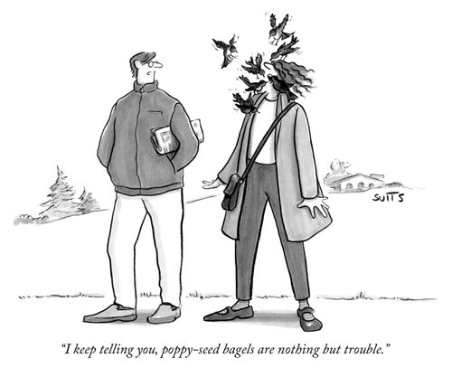 "I keep telling you, poppy-seed bagels are nothing but trouble."