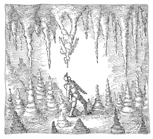 A cave explorer stares at a stalactite copy of himself