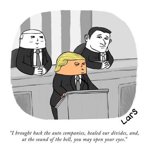 "I brought back the auto companies, healed our divides, and, at the sound of the bell, you may open your eyes."
