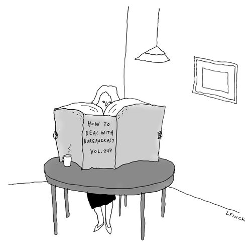 A woman reads a book entitled "How to Deal with Bureaucracy Vol. 247".