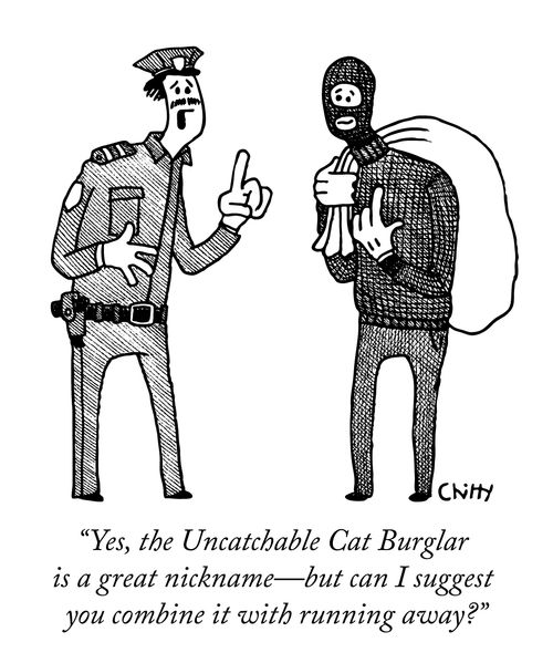 "Yes, the Uncatchable Cat Burglar is a great nickname - but can I suggest you combine it with running away?"