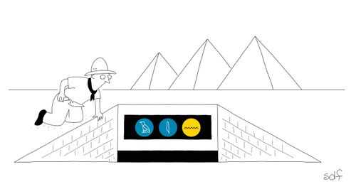 An archaeologist sees an ancient Egyptian entrance to a subway.