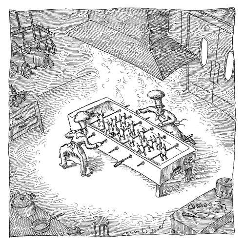 Two chefs playing foosball using rotisserie chickens.