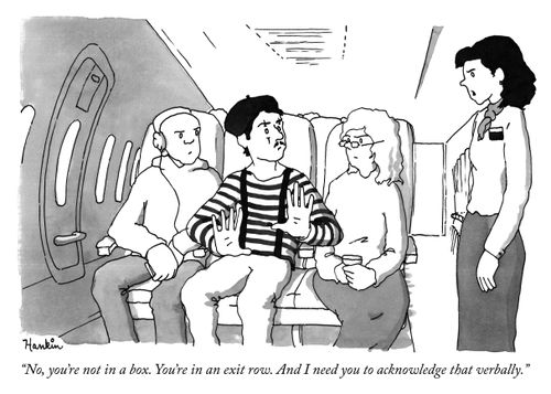 "No, you're not in a box. You're in an exit row. And I need you to acknowledge that verbally."