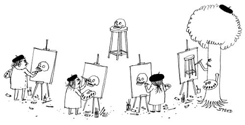 A bunch of human artists are painting a skull which is sitting on a stool, while a nearby tree is painting the stool. 