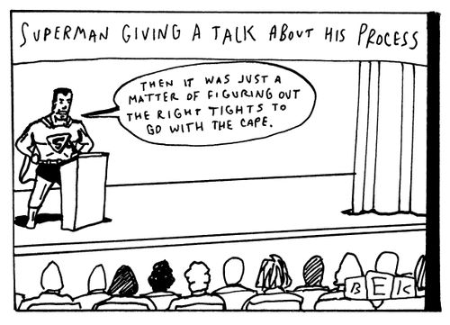 Superman giving a talk about his process