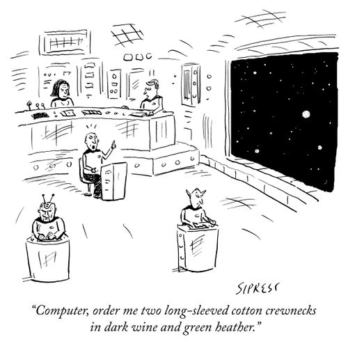 "Computer, order me two long-sleeved cotton crewnecks in dark wine and green heather."