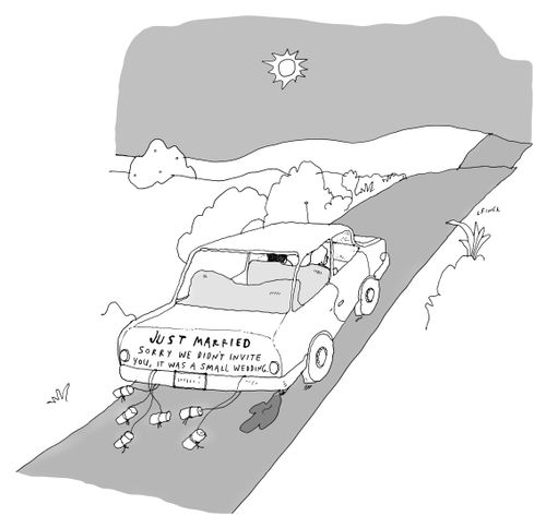 A sign on the back of a car reads "Just married - Sorry we didn't invite you. It was a small wedding."