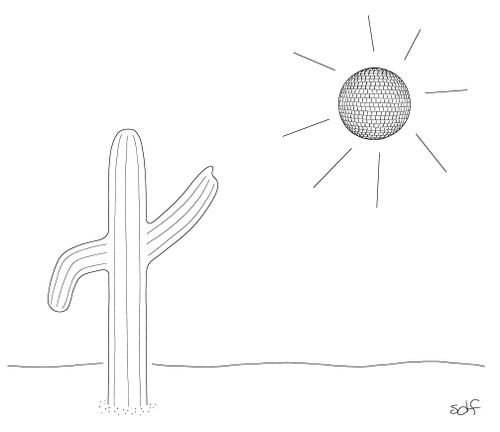 A cactus dances with a disco ball sun overhead.