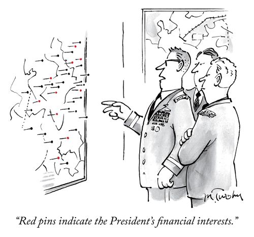 "Red pins indicate the President's financial interests."