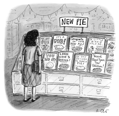 A woman looks at greeting cards in a section entitled "New Pie".