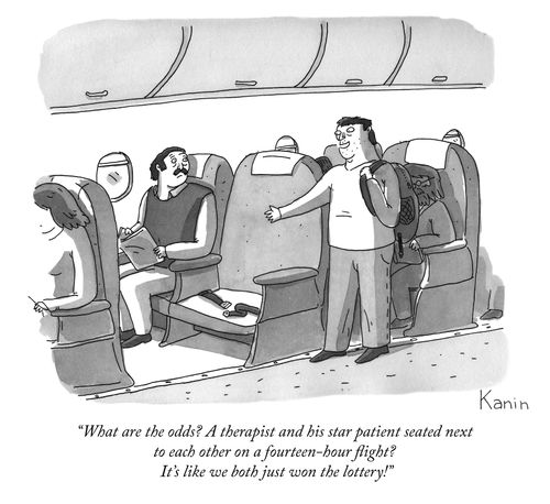 "What are the odds? A therapist and his star patient seated next to each other on a fourteen-hour flight? It's like we both just won the lottery!"