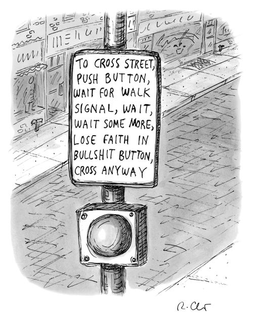 "To cross street, push button, wait for walk signal, wait, wait some more."
