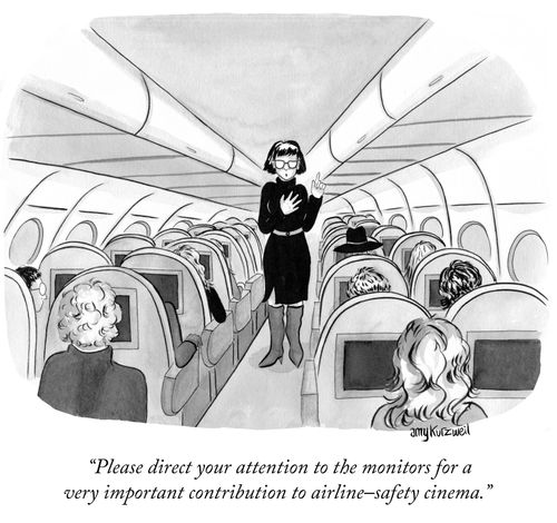 "Please direct your attention to the monitors for a very important contribution to airline-safety cinema."
