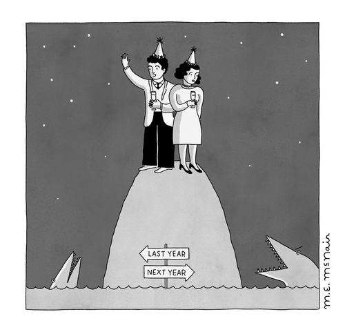 Two people stuck on an island celebrate New Years whilst sea monsters swim around them.