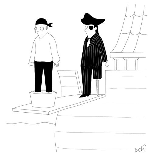 A pirate in a pinstripe suit makes someone walk the plank