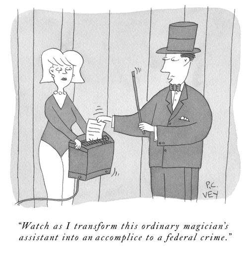 "Watch as I transform this ordinary magician's assistant into an accomplice to a federal crime."