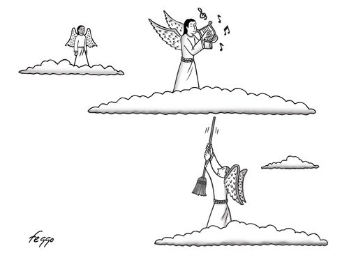 An angel bangs a broom on a cloud