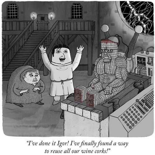 "I've done it Igor! I've finally found a way to reuse all our wine corks."