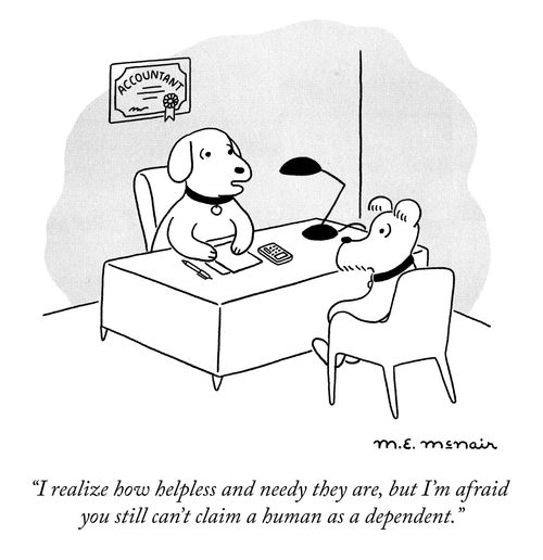 "I realize how helpless and needy they are, but I'm afraid you still can't claim a human as a dependent."