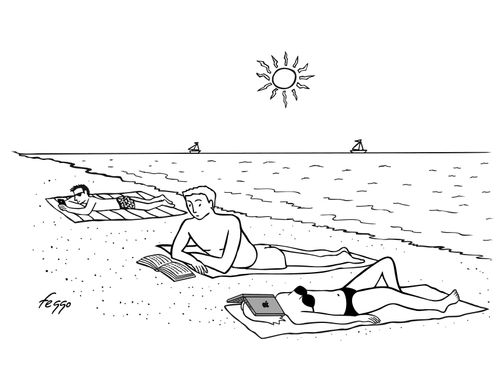 A woman sunbathes with a laptop over her face