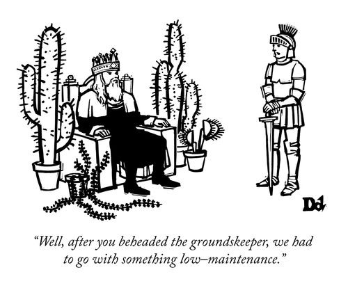 "Well, after you beheaded the groundskeeper, we had to go with something low-maintenance."