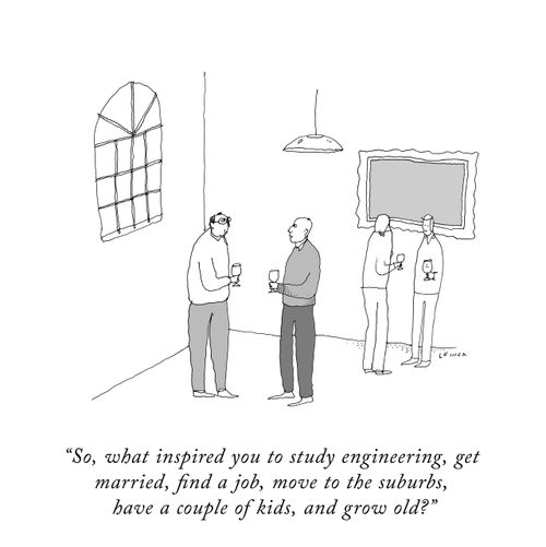 "So, what inspired you to study engineering, get married, find a job, move to the suburbs, have a couple of kids, and grow old?"