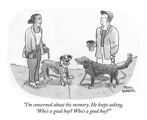 "I'm concerned about his memory. He keeps asking, 'Who's a good boy? Who's a good boy?' " 