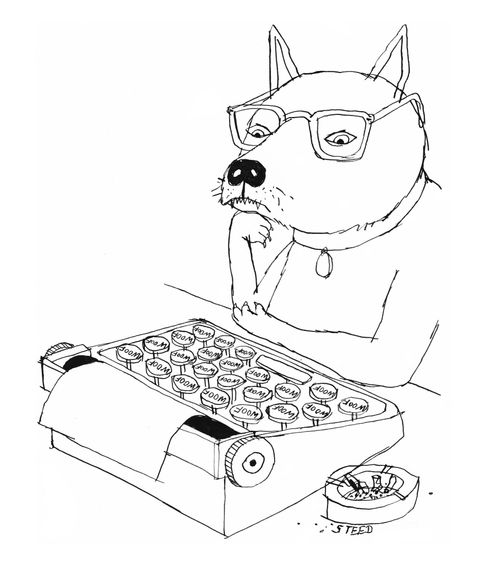 A dog sits at her typwriter