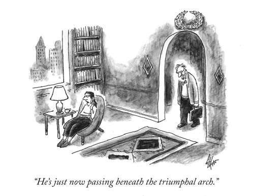 "He's just now passing beneath the triumphal arch."