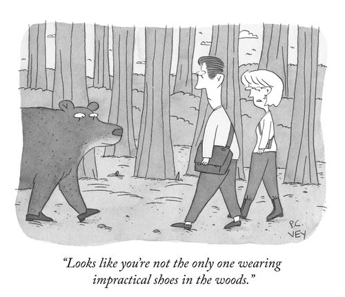 "Looks like you're not the only one wearing impractical shoes in the woods."