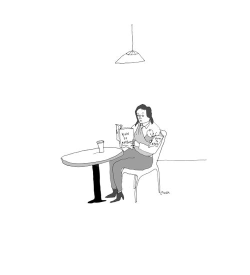 A mom and baby reading 'How to Parent' and 'How to Baby.'