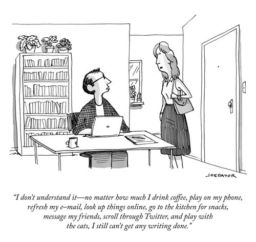 "I don't understand it - no matter how much I drink coffee, play on my phone, refresh my e-mail, look up things online, go to the kitchen for snacks, message my friends, scroll through Twitter, and play with the cats, I still can't get any writing done."