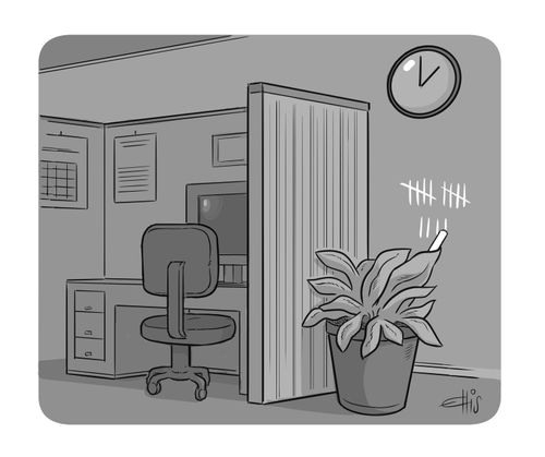 A plant makes chaulk tallies on an office wall