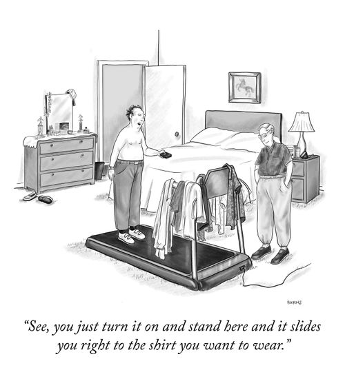 "See, you just turn it on and stand here and it slides you right to the shirt you want to wear."