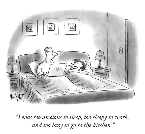 "I was too anxious to sleep, too sleepy to work, and too lazy to go to the kitchen."