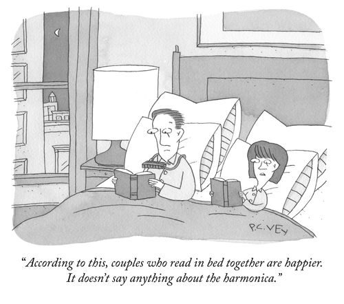 "According to this, couples who read in bed together are happier. It doesn't say anything about the harmonica."