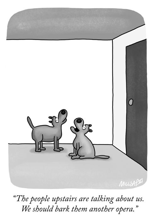 "The people upstairs are talking about us. We should bark them another opera."