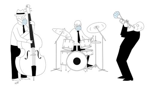 A band playing while wearing face masks