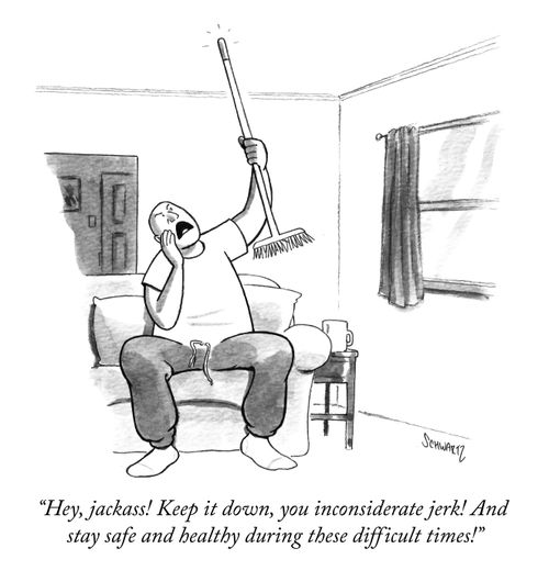 "Hey, jackass! Keep it down, you inconsiderate jerk! And stay safe and healthy during these difficult times!"