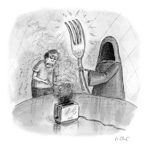 Grim hands man with a broken toaster a fork.