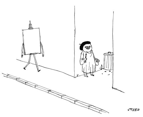 An artist waits to ambush an easel