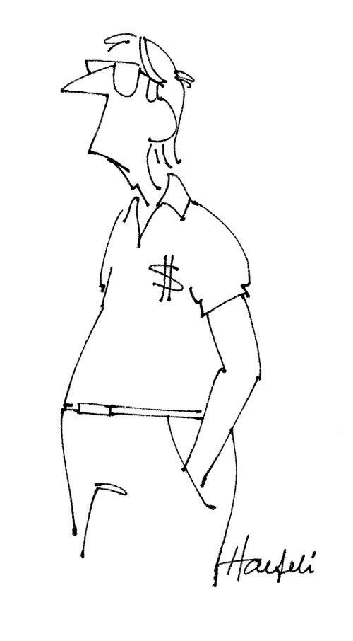 Man with dollar sign on his t-shirt.