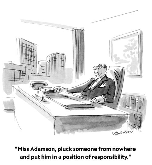 "Miss Adamson, pluck someone from nowhere and put him in a position of responsibility."
