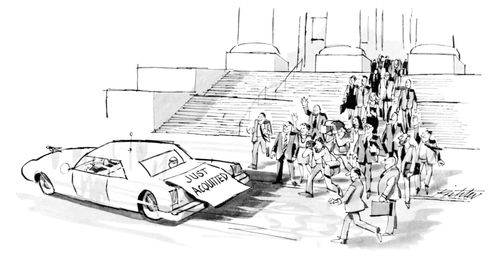 A throng runs out the courthouse to follow a car that is driving away decorated with a sign that reads "Just Acquitted".