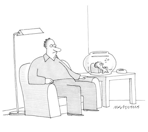 A man in an armchair watches TV beside a fish in a fishbowl who is also sitting in an armchair.
