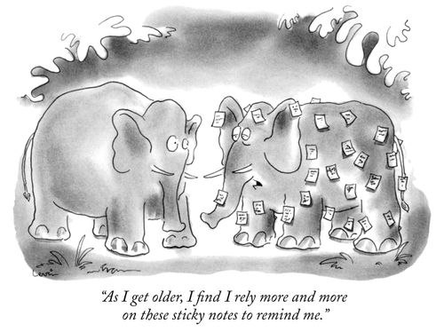 "As I get older, I find I rely more and more on these sticky notes to remind me."