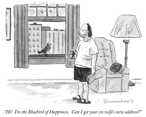 "Hi! I'm the Bluebird of Happiness. Can I get your ex-wife's new address?"