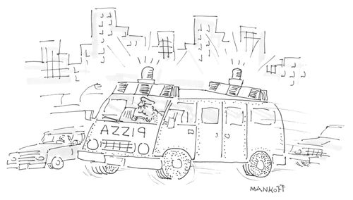 An emergency vehicle reads "pizza" in reverse on its hood.