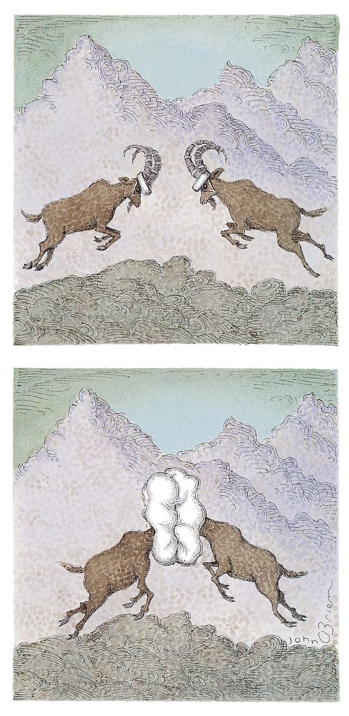 Two horned stags butt heads and airbags protect them.